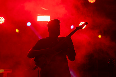 FARO, PORTUGAL: 7th SEPTEMBER, 2023 - Music band, Mimicat, performs at Festival F, a big festival in the city of Faro, Portugal.のeditorial素材