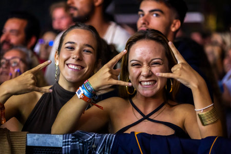 FARO, PORTUGAL: 7th SEPTEMBER, 2023 - Audience watch music artist on Festival F, a big festival in the city of Faro, Portugal.のeditorial素材