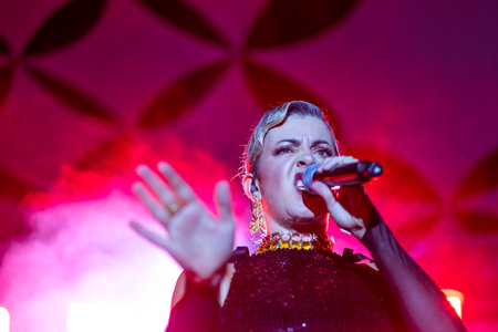 FARO, PORTUGAL: 7th SEPTEMBER, 2023 - Music band, Mimicat, performs at Festival F, a big festival in the city of Faro, Portugal.のeditorial素材