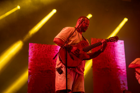 FARO, PORTUGAL: 7th SEPTEMBER, 2023 - Music band, Slow J, performs at Festival F, a big festival in the city of Faro, Portugal.のeditorial素材