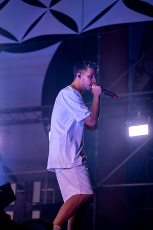 FARO, PORTUGAL: 7th SEPTEMBER, 2023 - Music band, Slow J, performs at Festival F, a big festival in the city of Faro, Portugal.のeditorial素材