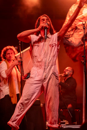 FARO, PORTUGAL: 7th SEPTEMBER, 2023 - Music band, Criatura, performs at Festival F, a big festival in the city of Faro, Portugal.のeditorial素材