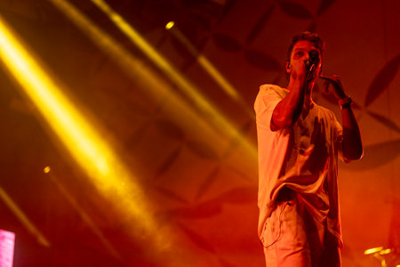 FARO, PORTUGAL: 7th SEPTEMBER, 2023 - Music band, Slow J, performs at Festival F, a big festival in the city of Faro, Portugal.のeditorial素材