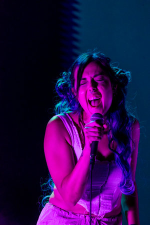 FARO, PORTUGAL: 7th SEPTEMBER, 2023 - Music band, Slow J, performs at Festival F, a big festival in the city of Faro, Portugal.のeditorial素材