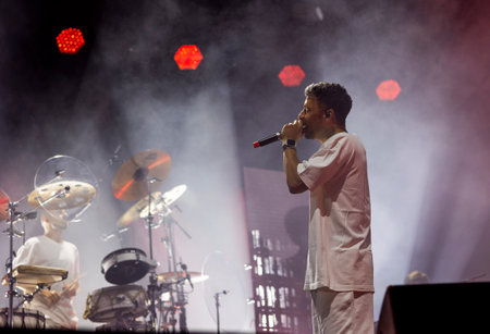 FARO, PORTUGAL: 7th SEPTEMBER, 2023 - Music band, Slow J, performs at Festival F, a big festival in the city of Faro, Portugal.のeditorial素材