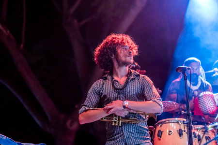 FARO, PORTUGAL: 7th SEPTEMBER, 2023 - Music band, Criatura, performs at Festival F, a big festival in the city of Faro, Portugal.のeditorial素材