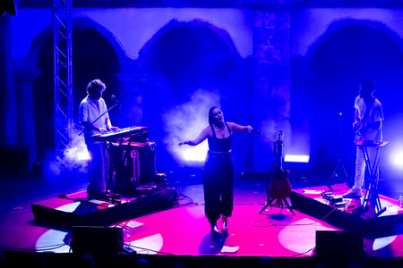 FARO, PORTUGAL: 7th SEPTEMBER, 2023 - Music band, Iolanda, performs at Festival F, a big festival in the city of Faro, Portugal.のeditorial素材