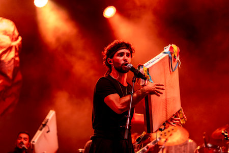FARO, PORTUGAL: 7th SEPTEMBER, 2023 - Music band, Criatura, performs at Festival F, a big festival in the city of Faro, Portugal.のeditorial素材