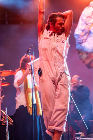 FARO, PORTUGAL: 7th SEPTEMBER, 2023 - Music band, Criatura, performs at Festival F, a big festival in the city of Faro, Portugal.のeditorial素材