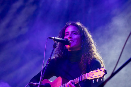 FARO, PORTUGAL: 7th SEPTEMBER, 2023 - Music band, Maro, performs at Festival F, a big festival in the city of Faro, Portugal.のeditorial素材