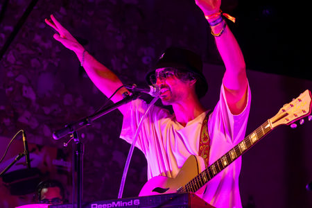 FARO, PORTUGAL: 7th SEPTEMBER, 2023 - Music band, Pimenta Caseira, performs at Festival F, a big festival in the city of Faro, Portugal.のeditorial素材