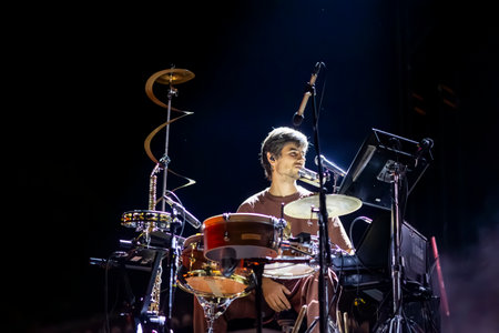 FARO, PORTUGAL: 7th SEPTEMBER, 2023 - Music band, Eu.Clides, performs at Festival F, a big festival in the city of Faro, Portugal.のeditorial素材