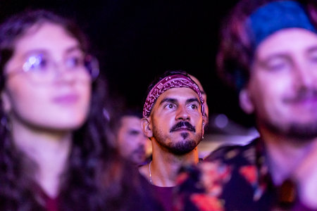 FARO, PORTUGAL: 7th SEPTEMBER, 2023 - Audience watch music artist on Festival F, a big festival in the city of Faro, Portugal.のeditorial素材