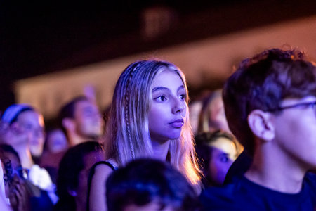 FARO, PORTUGAL: 7th SEPTEMBER, 2023 - Audience watch music artist on Festival F, a big festival in the city of Faro, Portugal.のeditorial素材