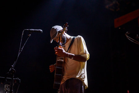 FARO, PORTUGAL: 7th SEPTEMBER, 2023 - Music band, Eu.Clides, performs at Festival F, a big festival in the city of Faro, Portugal.のeditorial素材