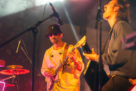 FARO, PORTUGAL: 7th SEPTEMBER, 2023 - Music band, Pimenta Caseira, performs at Festival F, a big festival in the city of Faro, Portugal.のeditorial素材
