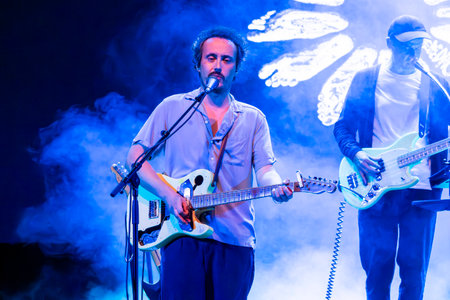 FARO, PORTUGAL: 7th SEPTEMBER, 2023 - Music band, S.Pedro, performs at Festival F, a big festival in the city of Faro, Portugal.のeditorial素材