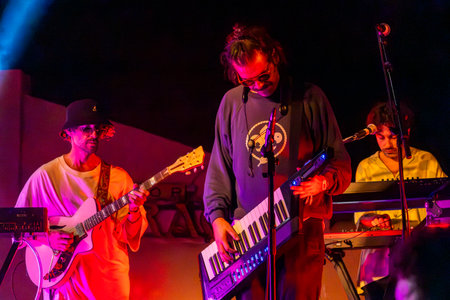FARO, PORTUGAL: 7th SEPTEMBER, 2023 - Music band, Pimenta Caseira, performs at Festival F, a big festival in the city of Faro, Portugal.のeditorial素材