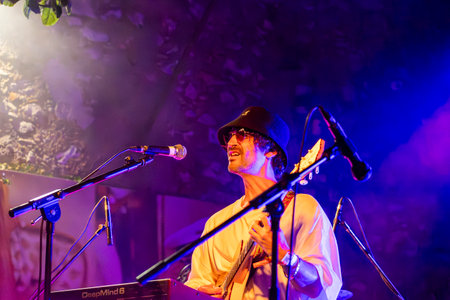 FARO, PORTUGAL: 7th SEPTEMBER, 2023 - Music band, Pimenta Caseira, performs at Festival F, a big festival in the city of Faro, Portugal.のeditorial素材