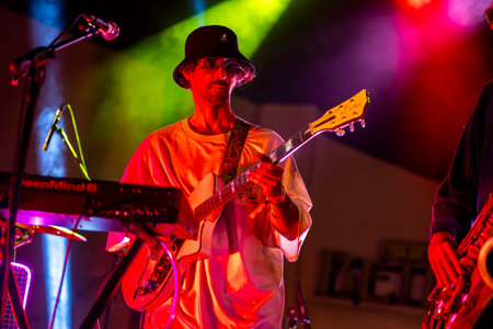 FARO, PORTUGAL: 7th SEPTEMBER, 2023 - Music band, Pimenta Caseira, performs at Festival F, a big festival in the city of Faro, Portugal.のeditorial素材