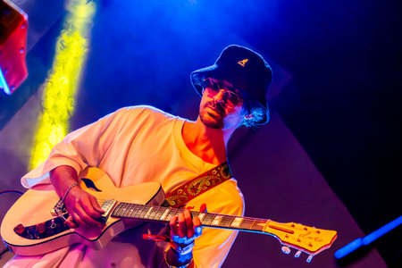FARO, PORTUGAL: 7th SEPTEMBER, 2023 - Music band, Pimenta Caseira, performs at Festival F, a big festival in the city of Faro, Portugal.のeditorial素材