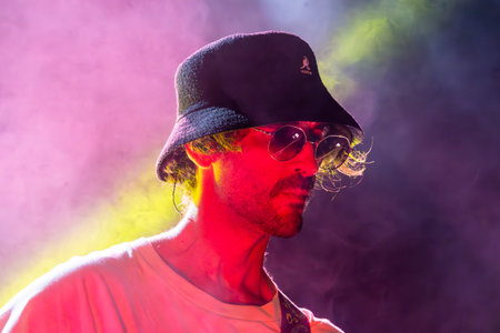 FARO, PORTUGAL: 7th SEPTEMBER, 2023 - Music band, Pimenta Caseira, performs at Festival F, a big festival in the city of Faro, Portugal.のeditorial素材