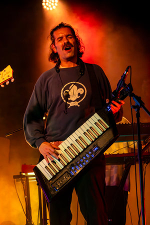FARO, PORTUGAL: 7th SEPTEMBER, 2023 - Music band, Pimenta Caseira, performs at Festival F, a big festival in the city of Faro, Portugal.のeditorial素材