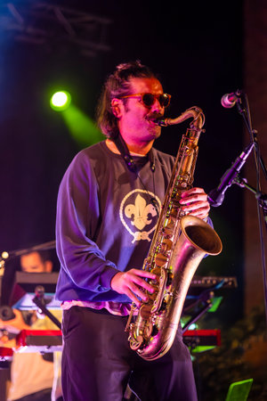 FARO, PORTUGAL: 7th SEPTEMBER, 2023 - Music band, Pimenta Caseira, performs at Festival F, a big festival in the city of Faro, Portugal.のeditorial素材