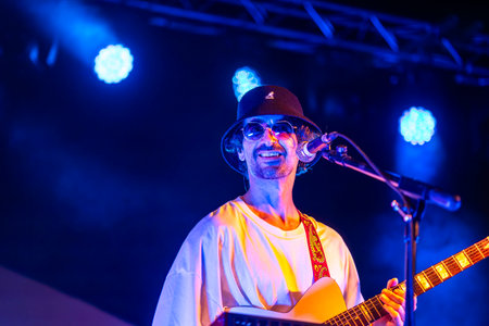 FARO, PORTUGAL: 7th SEPTEMBER, 2023 - Music band, Pimenta Caseira, performs at Festival F, a big festival in the city of Faro, Portugal.のeditorial素材