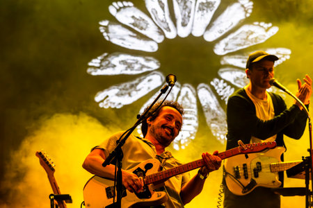 FARO, PORTUGAL: 7th SEPTEMBER, 2023 - Music band, S.Pedro, performs at Festival F, a big festival in the city of Faro, Portugal.のeditorial素材