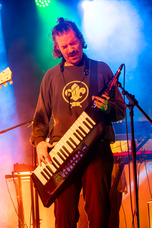 FARO, PORTUGAL: 7th SEPTEMBER, 2023 - Music band, Pimenta Caseira, performs at Festival F, a big festival in the city of Faro, Portugal.のeditorial素材