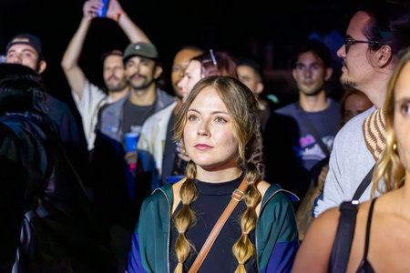 FARO, PORTUGAL: 7th SEPTEMBER, 2023 - Audience watch music artist on Festival F, a big festival in the city of Faro, Portugal.のeditorial素材