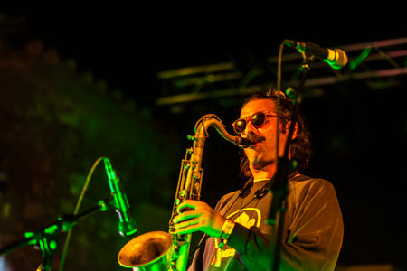 FARO, PORTUGAL: 7th SEPTEMBER, 2023 - Music band, Pimenta Caseira, performs at Festival F, a big festival in the city of Faro, Portugal.のeditorial素材