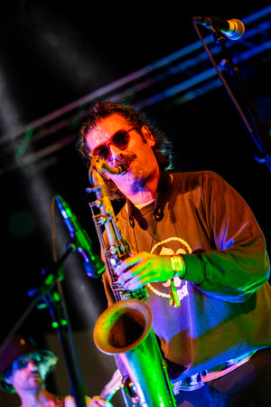 FARO, PORTUGAL: 7th SEPTEMBER, 2023 - Music band, Pimenta Caseira, performs at Festival F, a big festival in the city of Faro, Portugal.のeditorial素材