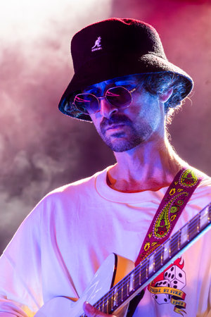 FARO, PORTUGAL: 7th SEPTEMBER, 2023 - Music band, Pimenta Caseira, performs at Festival F, a big...