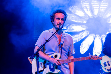 FARO, PORTUGAL: 7th SEPTEMBER, 2023 - Music band, S.Pedro, performs at Festival F, a big festival in the city of Faro, Portugal.のeditorial素材