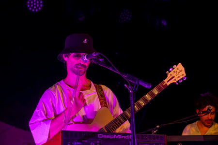FARO, PORTUGAL: 7th SEPTEMBER, 2023 - Music band, Pimenta Caseira, performs at Festival F, a big festival in the city of Faro, Portugal.のeditorial素材