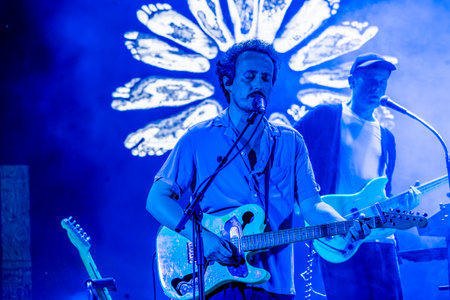 FARO, PORTUGAL: 7th SEPTEMBER, 2023 - Music band, S.Pedro, performs at Festival F, a big festival in the city of Faro, Portugal.のeditorial素材