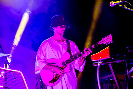FARO, PORTUGAL: 7th SEPTEMBER, 2023 - Music band, Pimenta Caseira, performs at Festival F, a big festival in the city of Faro, Portugal.のeditorial素材