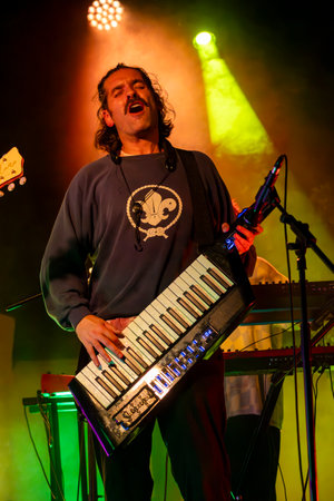 FARO, PORTUGAL: 7th SEPTEMBER, 2023 - Music band, Pimenta Caseira, performs at Festival F, a big festival in the city of Faro, Portugal.のeditorial素材