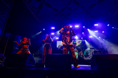 FARO, PORTUGAL: 7th SEPTEMBER, 2023 - Music band, Supa Squad, performs at Festival F, a big festival in the city of Faro, Portugal.のeditorial素材