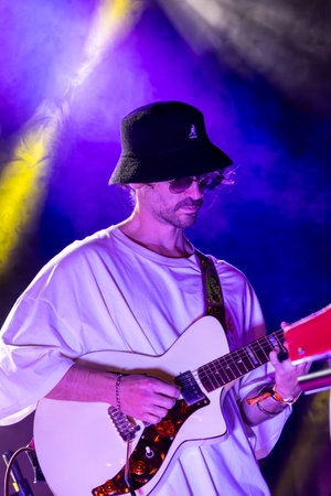 FARO, PORTUGAL: 7th SEPTEMBER, 2023 - Music band, Pimenta Caseira, performs at Festival F, a big festival in the city of Faro, Portugal.のeditorial素材