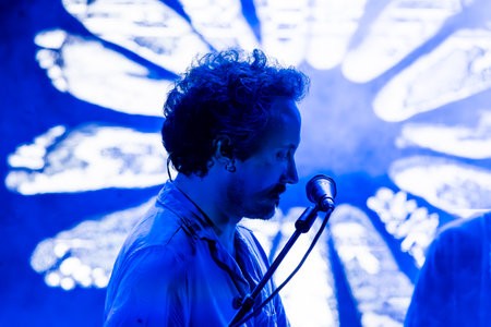 FARO, PORTUGAL: 7th SEPTEMBER, 2023 - Music band, S.Pedro, performs at Festival F, a big festival in the city of Faro, Portugal.のeditorial素材