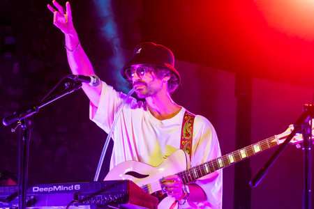 FARO, PORTUGAL: 7th SEPTEMBER, 2023 - Music band, Pimenta Caseira, performs at Festival F, a big festival in the city of Faro, Portugal.のeditorial素材