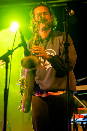 FARO, PORTUGAL: 7th SEPTEMBER, 2023 - Music band, Pimenta Caseira, performs at Festival F, a big festival in the city of Faro, Portugal.のeditorial素材
