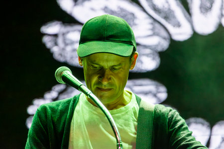 FARO, PORTUGAL: 7th SEPTEMBER, 2023 - Music band, S.Pedro, performs at Festival F, a big festival in the city of Faro, Portugal.のeditorial素材