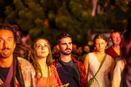 FARO, PORTUGAL: 7th SEPTEMBER, 2023 - Audience watch music artist on Festival F, a big festival in the city of Faro, Portugal.のeditorial素材