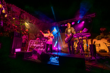 FARO, PORTUGAL: 7th SEPTEMBER, 2023 - Music band, Pimenta Caseira, performs at Festival F, a big festival in the city of Faro, Portugal.のeditorial素材