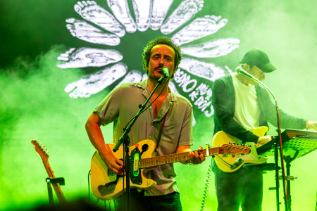 FARO, PORTUGAL: 7th SEPTEMBER, 2023 - Music band, S.Pedro, performs at Festival F, a big festival in the city of Faro, Portugal.のeditorial素材