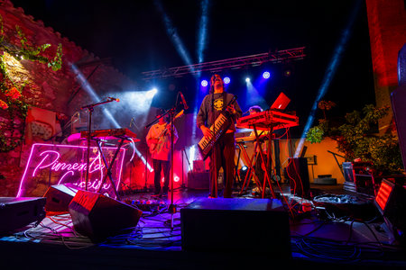 FARO, PORTUGAL: 7th SEPTEMBER, 2023 - Music band, Pimenta Caseira, performs at Festival F, a big festival in the city of Faro, Portugal.のeditorial素材